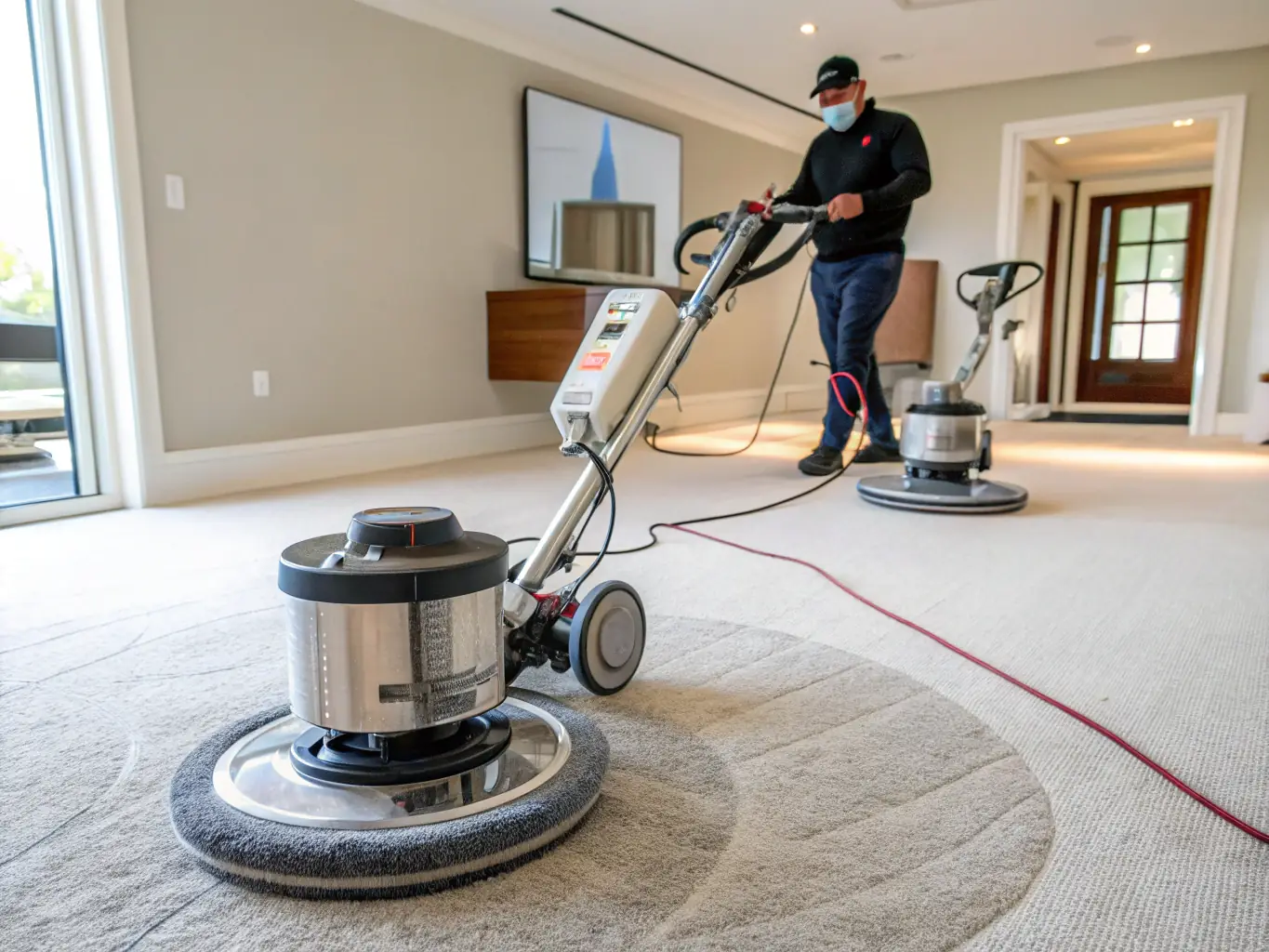 A selection of floor-care equipment, including scrubbers, extractors, and burnishers, displayed in a showroom setting, showcasing the range of equipment available at Direct Solutions.