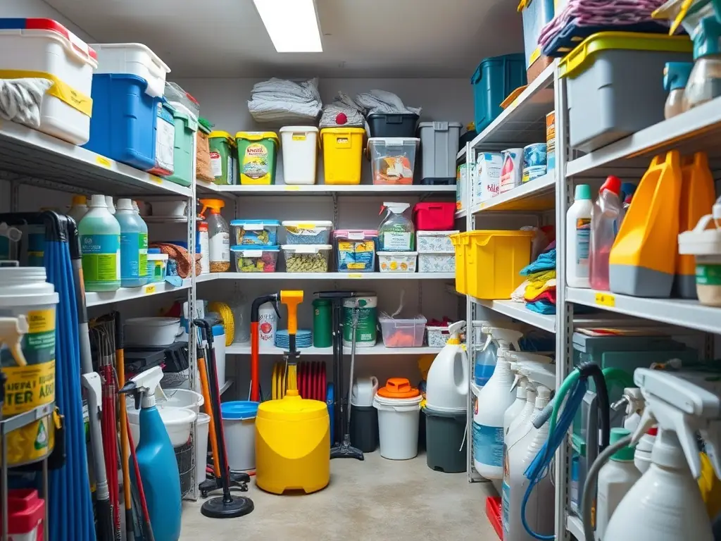 A well-stocked janitorial supply closet with various cleaning chemicals, spray bottles, and microfiber cloths, highlighting the breadth of Direct Solutions' cleaning product offerings.