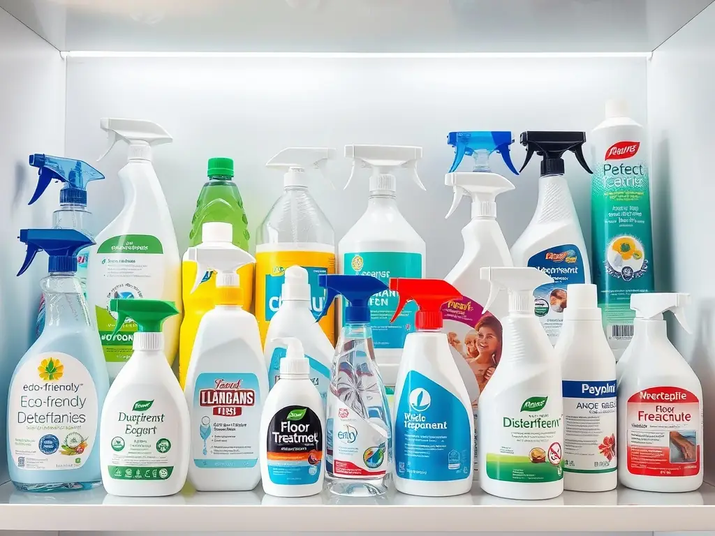 An image showing various cleaning chemicals, spray bottles, and disinfectants arranged on a shelf, highlighting the variety and availability of janitorial supplies at Direct Solutions.