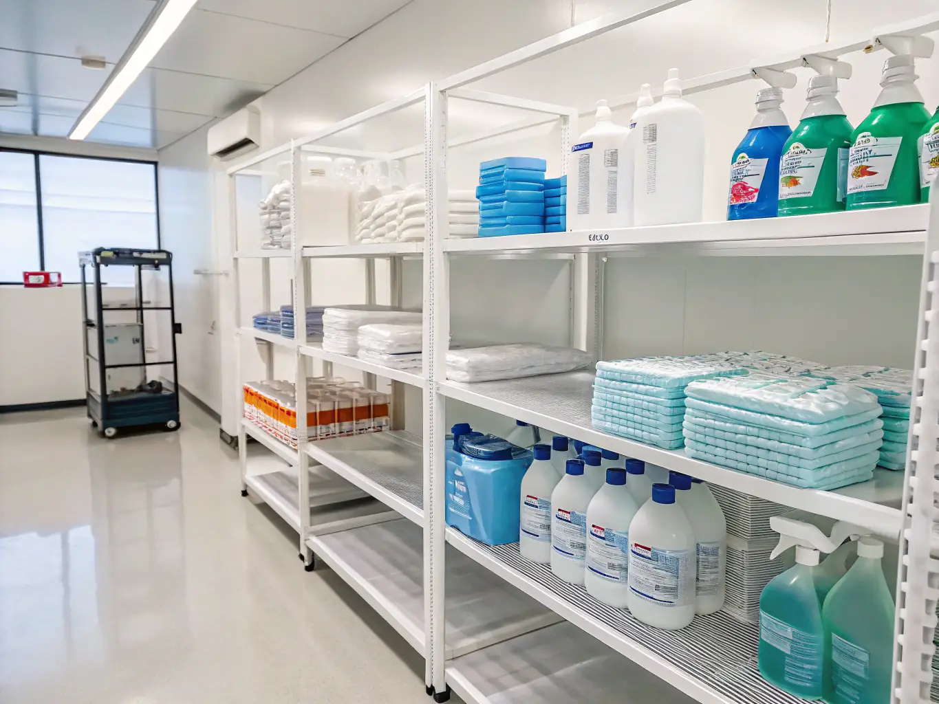 A well-organized storage room with shelves stocked with various paper towels, toilet paper rolls, and hand sanitizers, emphasizing the availability of personal care and restroom supplies at Direct Solutions.